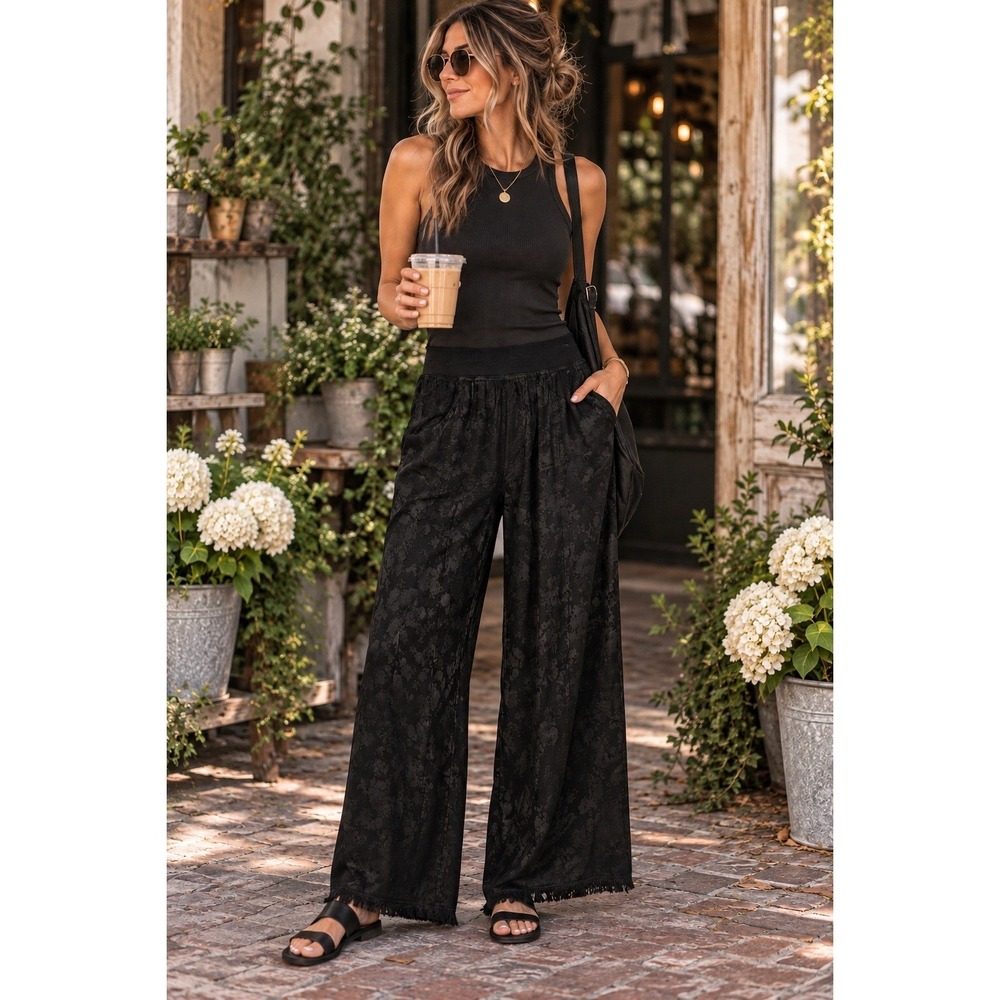 XCVI Twaina Wide Leg Pants L Black Floral Satin Boho Lagenlook Raw Hem NWT